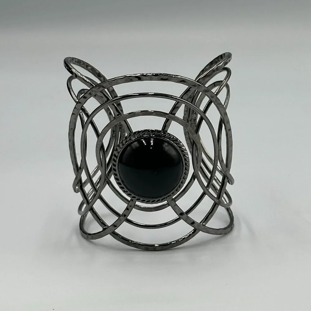 3/$30 Black Acrylic Cabochon Cuff Bracelet Hammered Wire Sculptural Statement